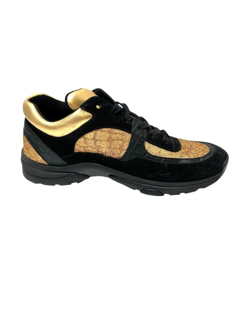 CHANEL Metallic Gold Fabric & Black Suede Leather Croc Embossed  CC Sneaker 8.5